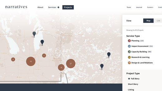 Screenshot of Narratives Inc Website. Interactive map showing serveral clustered locations and pins showing individual locations.